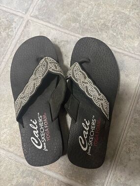Skechers Black Rhinestone-Trimmed Flip Flop Sandals